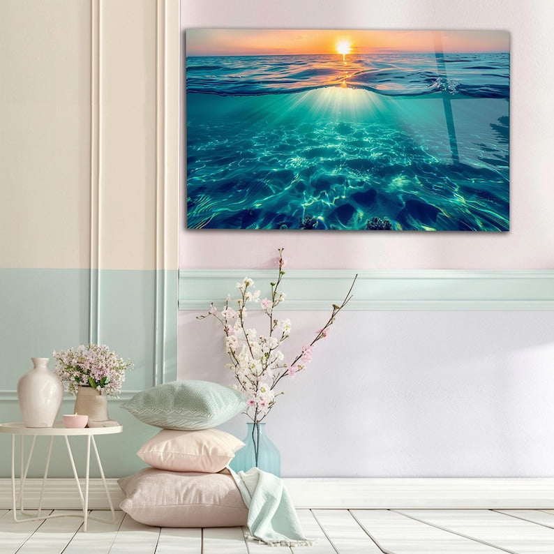 Ocean Sunset Tempered Glass Wall Art, Coastal Beach House Decor
