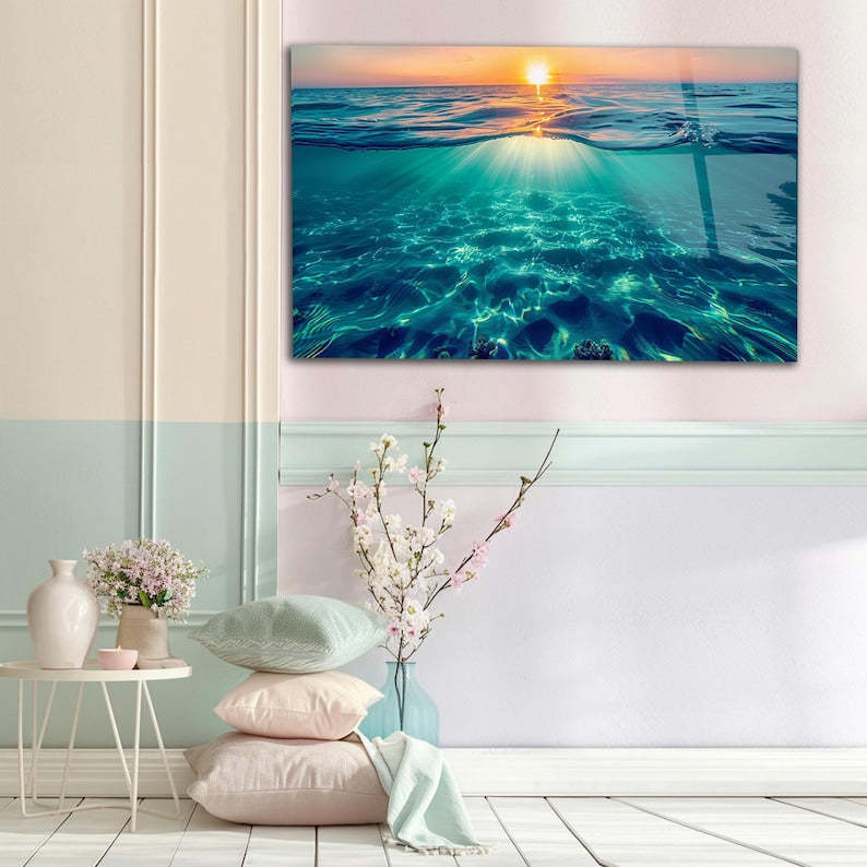 Ocean Sunset Tempered Glass Wall Art, Coastal Beach House Decor
