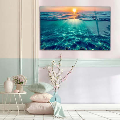Ocean Sunset Tempered Glass Wall Art, Coastal Beach House Decor