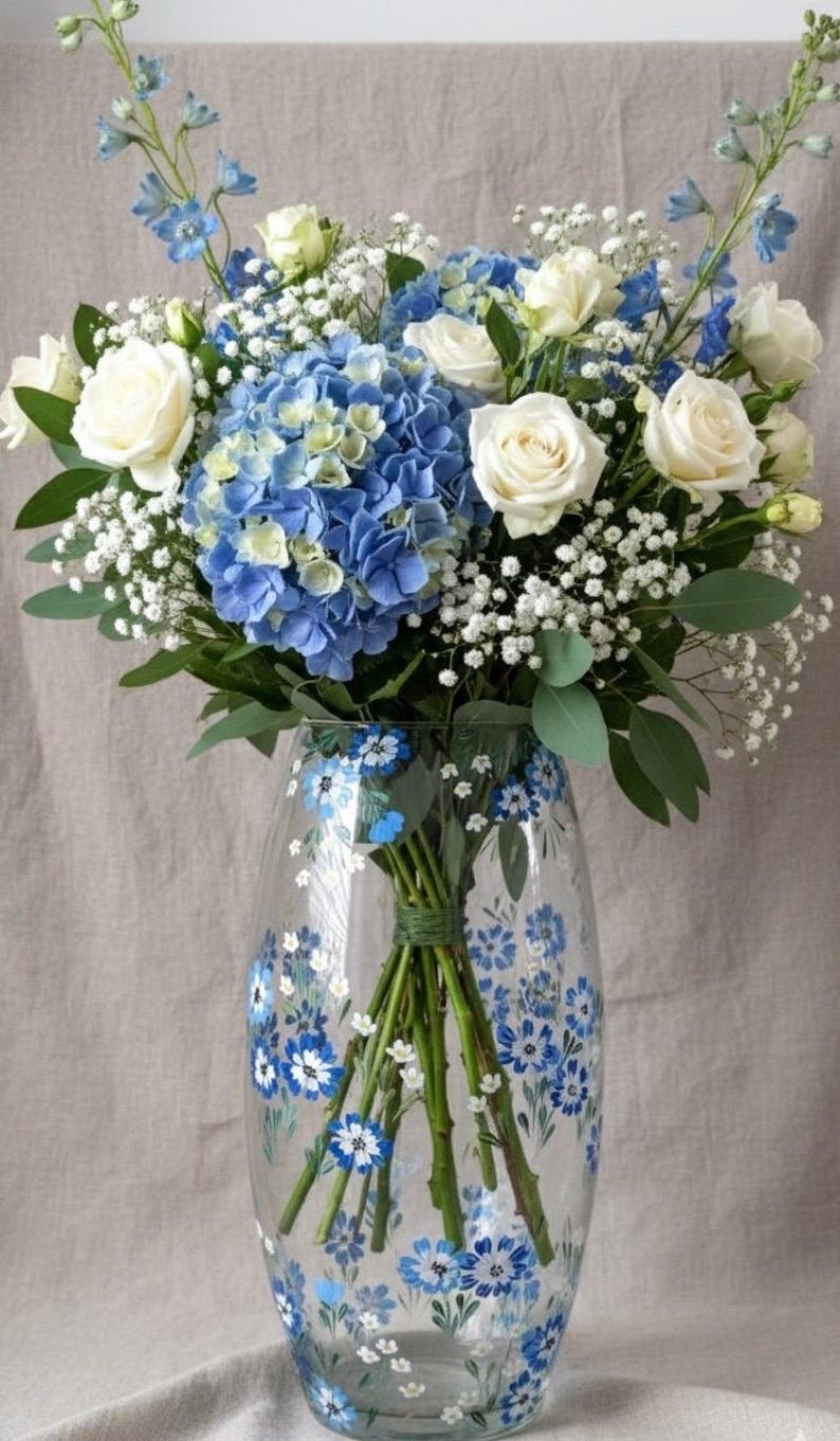 Floral Glass Vase 10", Painted Flower Vase for Wedding Gift