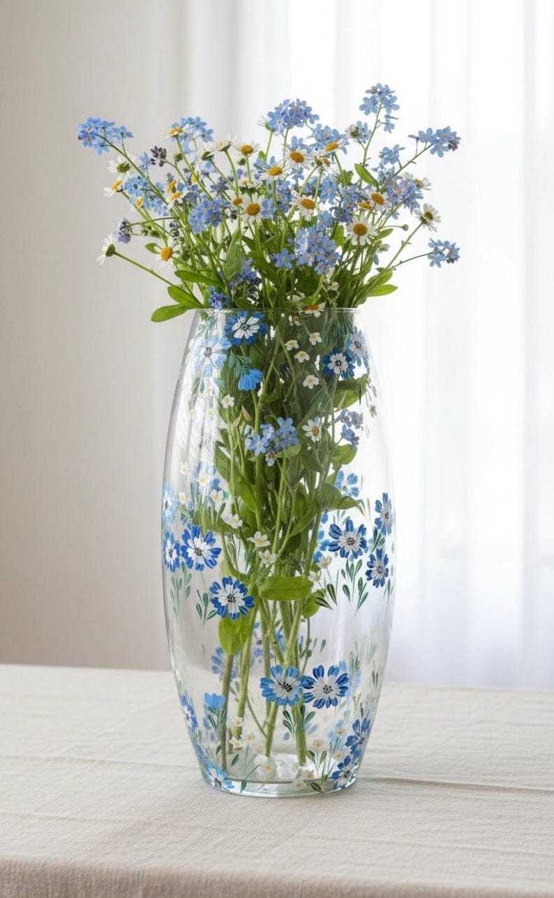 Floral Glass Vase 10", Painted Flower Vase for Wedding Gift