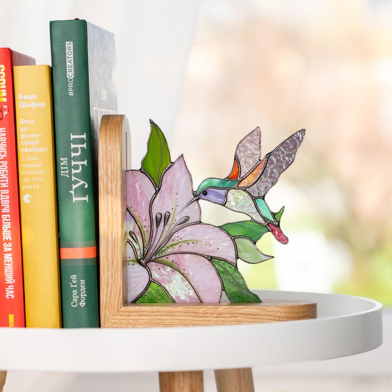 Hummingbird Stained Glass Bookends, Bird Ornament Shelf Decor