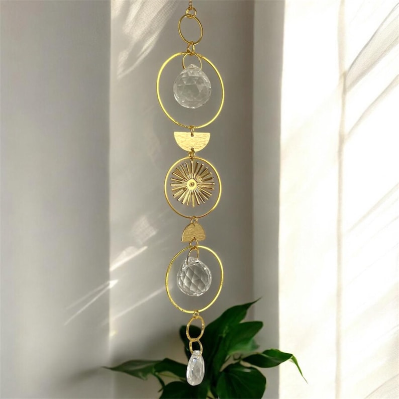 Golden Celestial Moon Suncatcher • Crystal Rainbow Light Maker • Boho Window Charm • Moon Phase Hanging Decor • Radiant Sun Catcher Gift