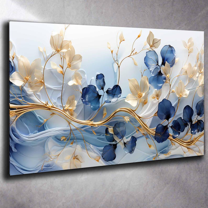 Blue Floral Tempered Glass Wall Art: Modern Panoramic Decor