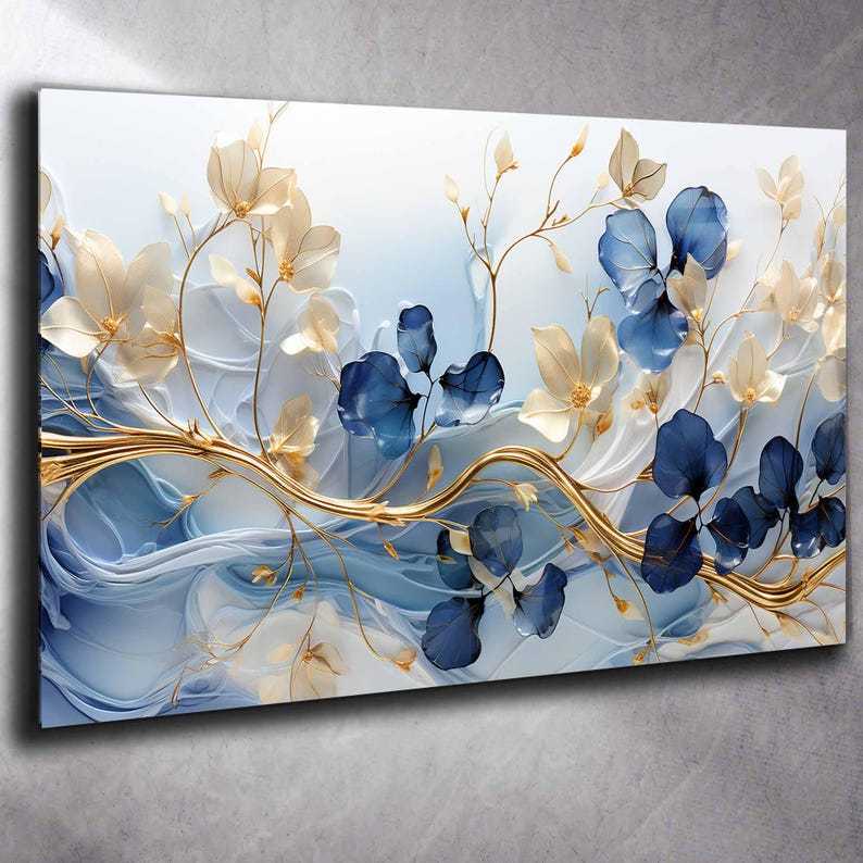 Blue Floral Tempered Glass Wall Art: Modern Panoramic Decor