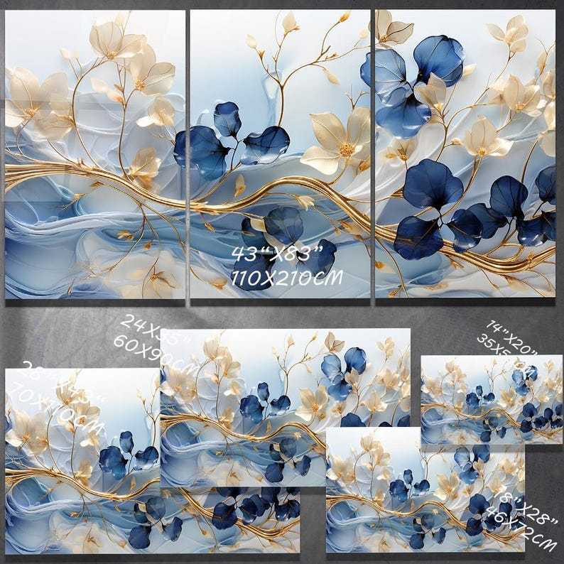 Blue Floral Tempered Glass Wall Art: Modern Panoramic Decor