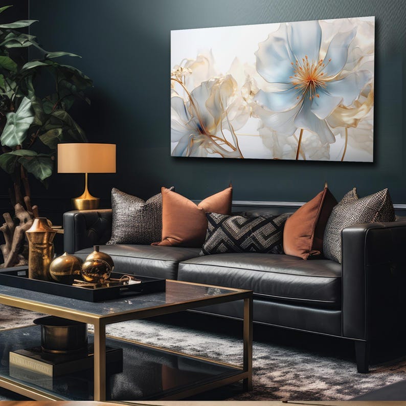 Blue Floral Glass Wall Art – Modern Flower Print Decor