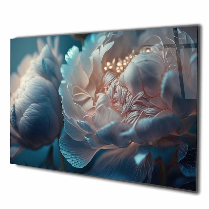 Floral Tempered Glass Wall Art: White Blue Flower Print, Panoramic Decor
