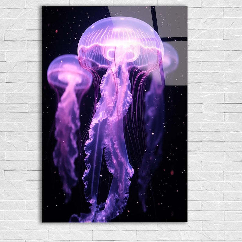 Neon Jellyfish Tempered Glass Wall Art: Modern Marine Decor