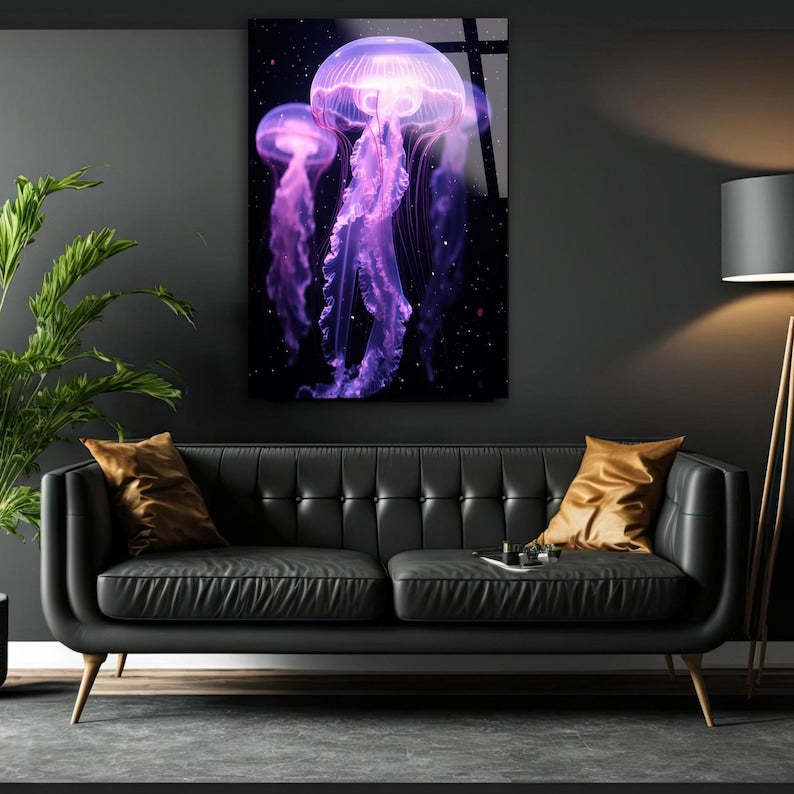 Neon Jellyfish Tempered Glass Wall Art: Modern Marine Decor