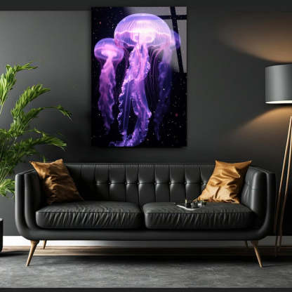 Neon Jellyfish Tempered Glass Wall Art: Modern Marine Decor