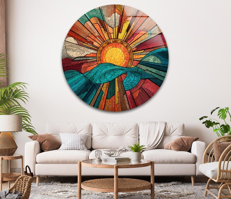 Round Sunset Glass Wall Art – Mountain Landscape Print