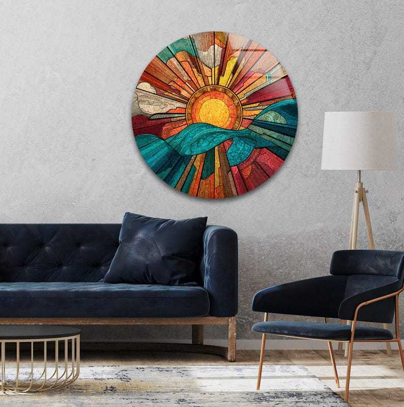 Round Sunset Glass Wall Art – Mountain Landscape Print