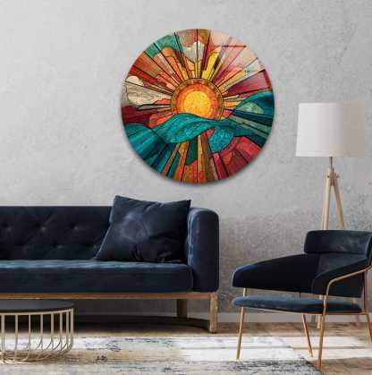 Round Sunset Glass Wall Art – Mountain Landscape Print