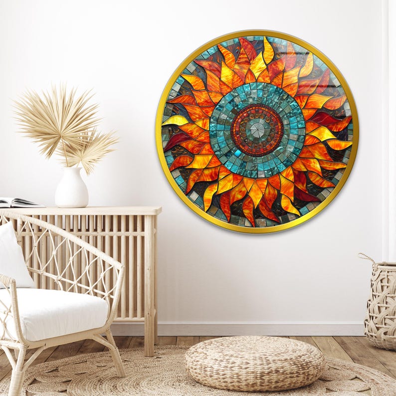 Sunflower Mosaic Glass Wall Art – Round Print Panel