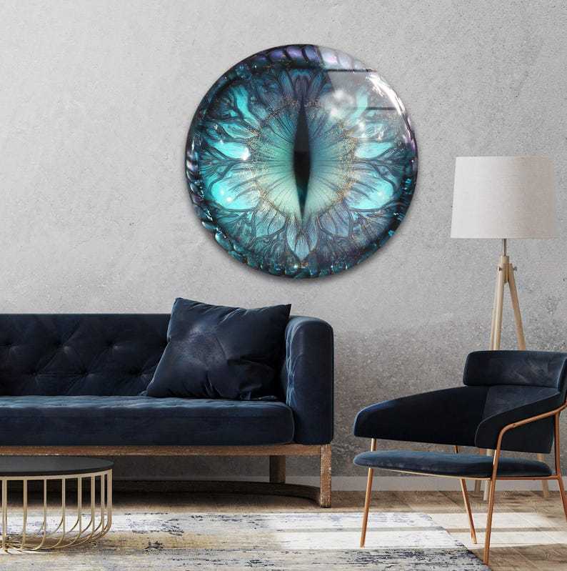 Dragon Eye Glass Wall Art – Teal Blue Fantasy Creature