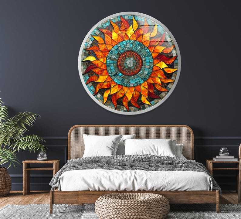 Sunflower Mosaic Glass Wall Art – Round Print Panel