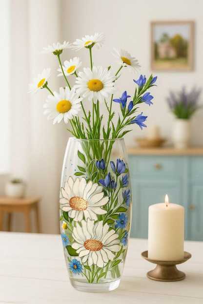 Vase with bells and daisies Stained glass hand painted vase Wildflowers handpainted personalized glass vase Original mother day gift