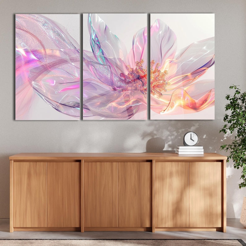 Tempered Glass Wall Art, Abstract Floral Wall Decor, Modern Flower Artwork with 3D Light Effect