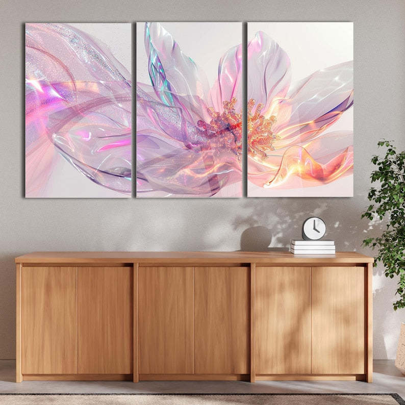 Tempered Glass Wall Art, Abstract Floral Wall Decor, Modern Flower Artwork with 3D Light Effect