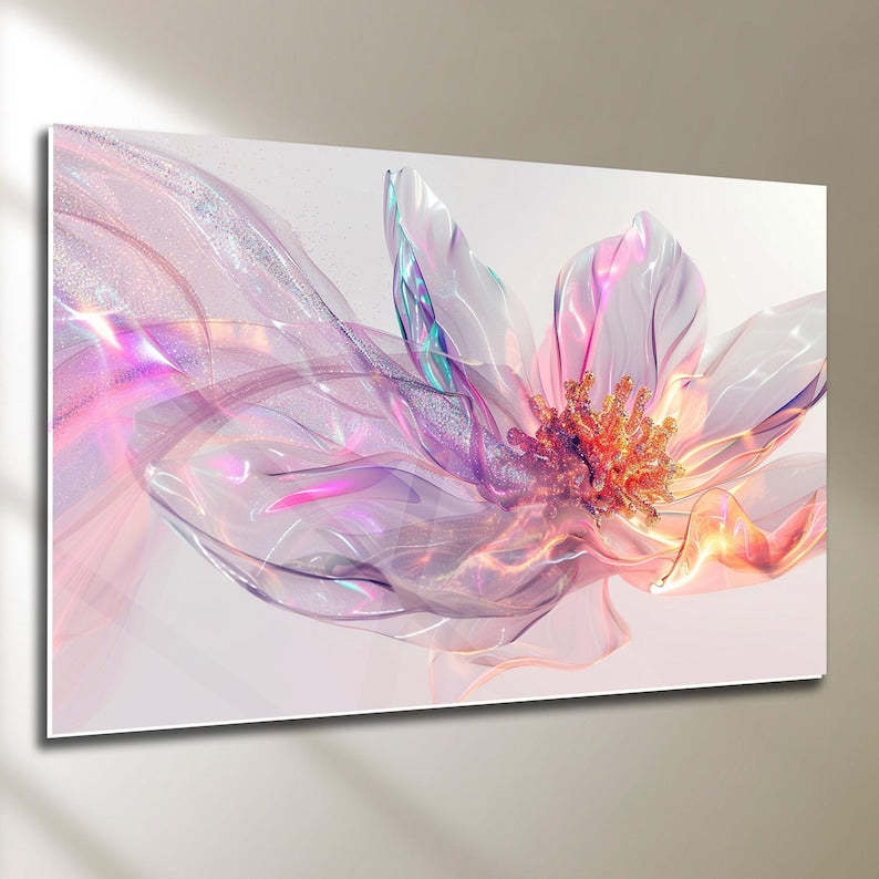 Tempered Glass Wall Art, Abstract Floral Wall Decor, Modern Flower Artwork with 3D Light Effect