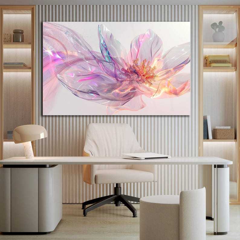 Tempered Glass Wall Art, Abstract Floral Wall Decor, Modern Flower Artwork with 3D Light Effect