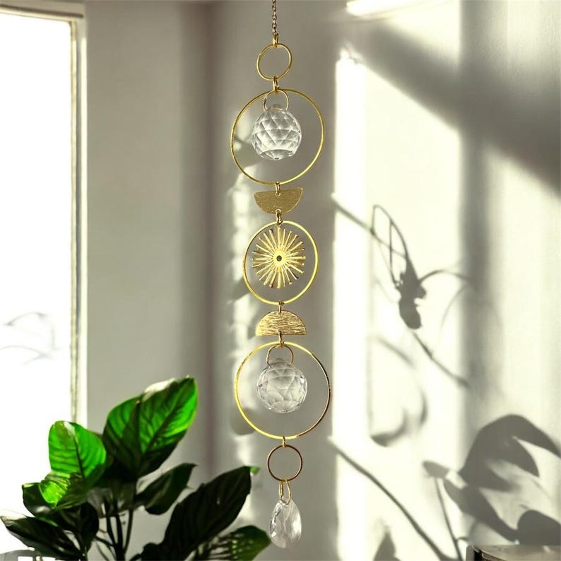 Golden Celestial Moon Suncatcher • Crystal Rainbow Light Maker • Boho Window Charm • Moon Phase Hanging Decor • Radiant Sun Catcher Gift