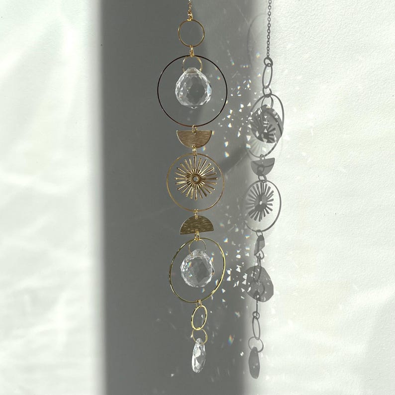 Golden Celestial Moon Suncatcher • Crystal Rainbow Light Maker • Boho Window Charm • Moon Phase Hanging Decor • Radiant Sun Catcher Gift