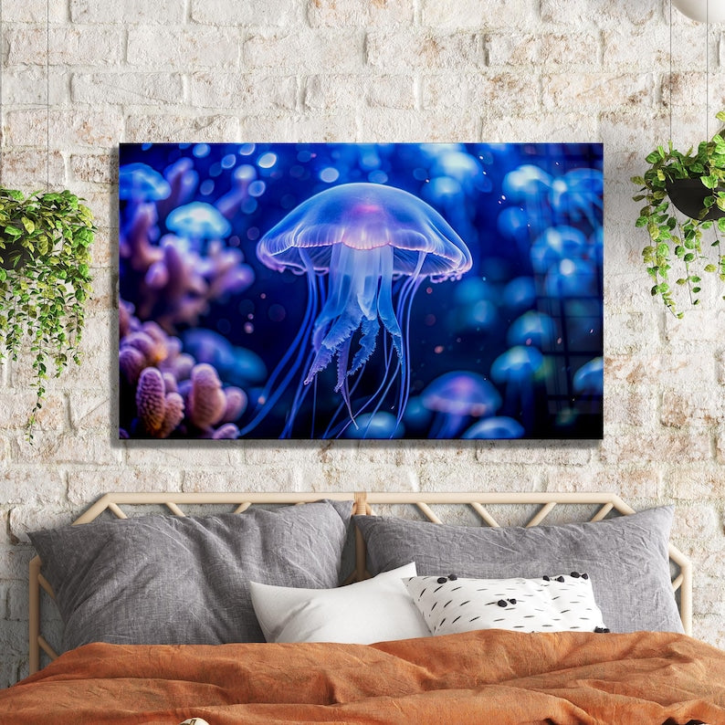 Jellyfish Glow Glass Wall Art – Modern Ocean Design