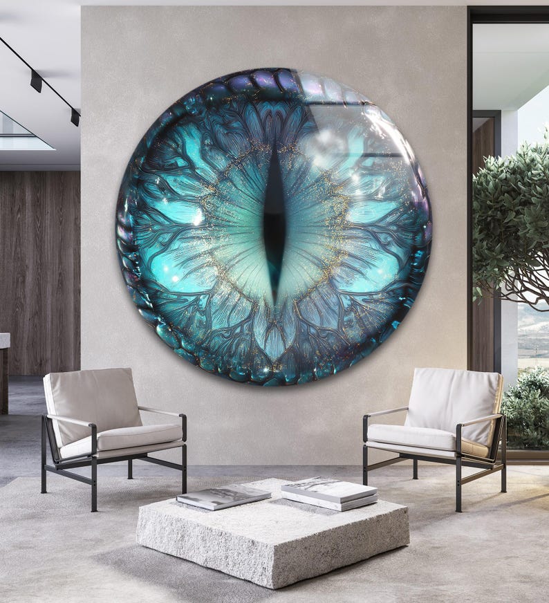 Dragon Eye Glass Wall Art – Teal Blue Fantasy Creature