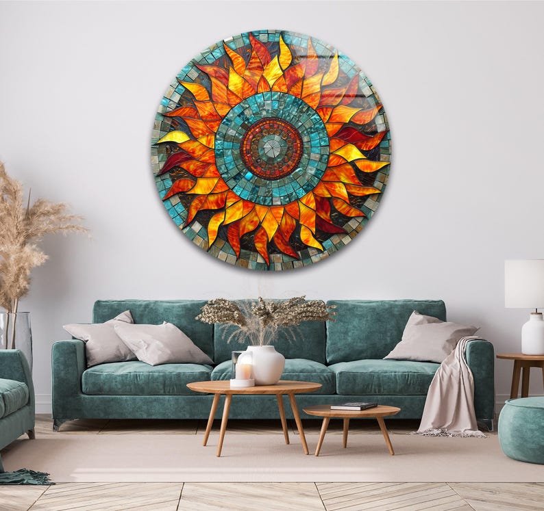 Sunflower Mosaic Glass Wall Art – Round Print Panel