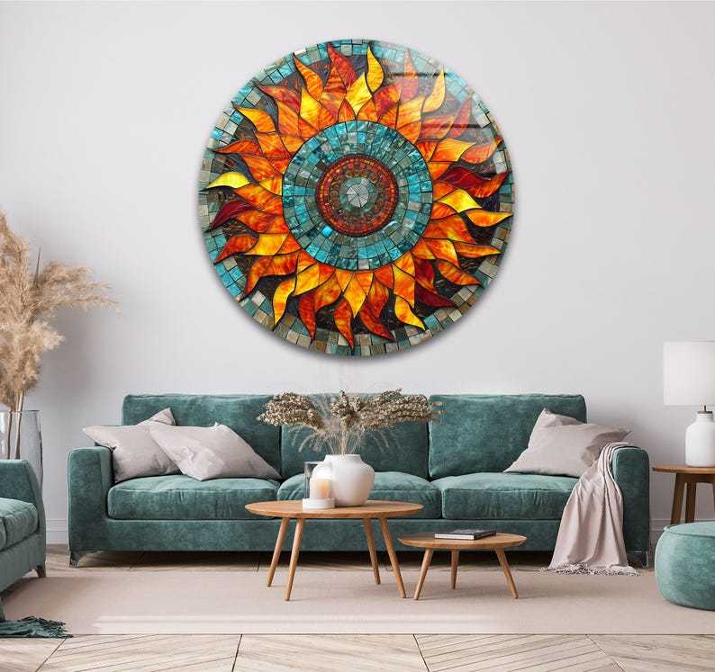 Sunflower Mosaic Glass Wall Art – Round Print Panel