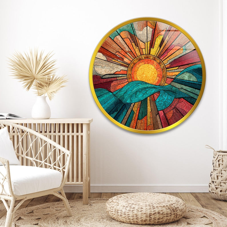 Round Sunset Glass Wall Art – Mountain Landscape Print