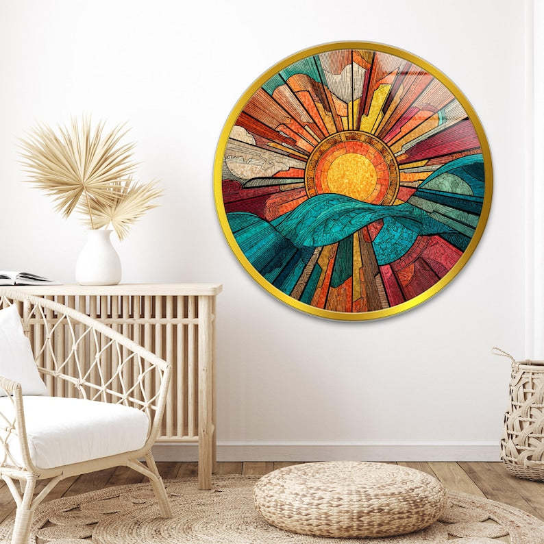 Round Sunset Glass Wall Art – Mountain Landscape Print