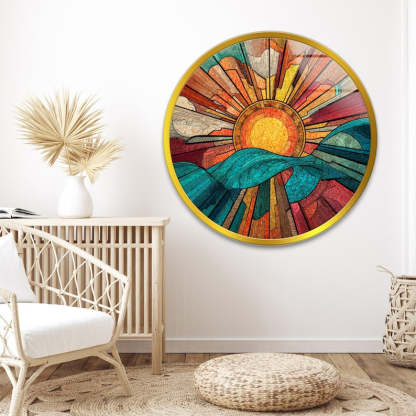 Round Sunset Glass Wall Art – Mountain Landscape Print