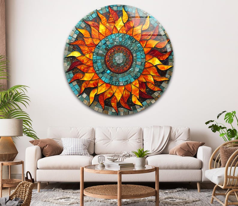 Sunflower Mosaic Glass Wall Art – Round Print Panel