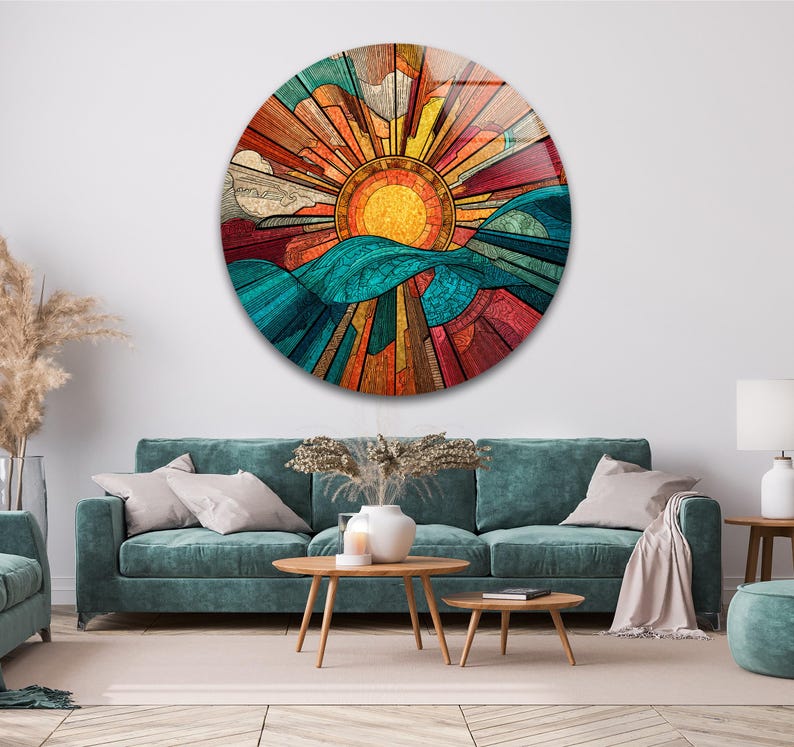 Round Sunset Glass Wall Art – Mountain Landscape Print