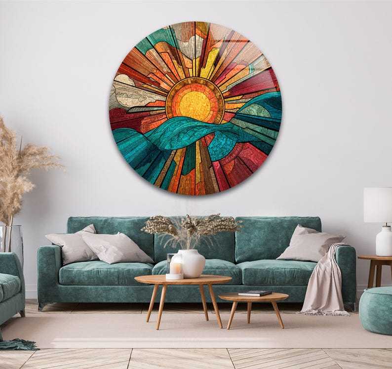 Round Sunset Glass Wall Art – Mountain Landscape Print
