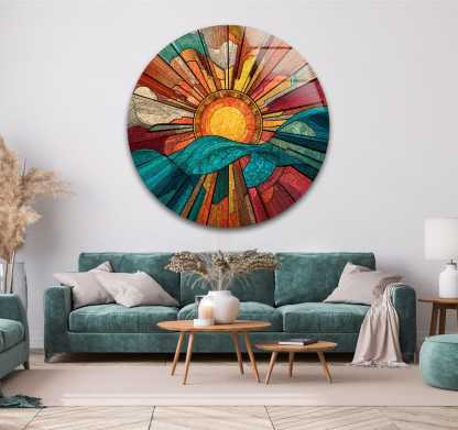 Round Sunset Glass Wall Art – Mountain Landscape Print