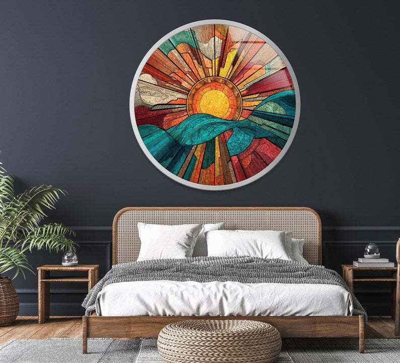 Round Sunset Glass Wall Art – Mountain Landscape Print