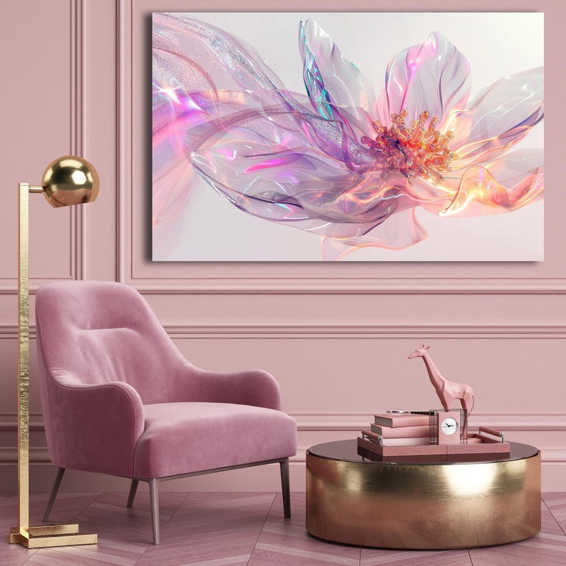 Tempered Glass Wall Art, Abstract Floral Wall Decor, Modern Flower Artwork with 3D Light Effect