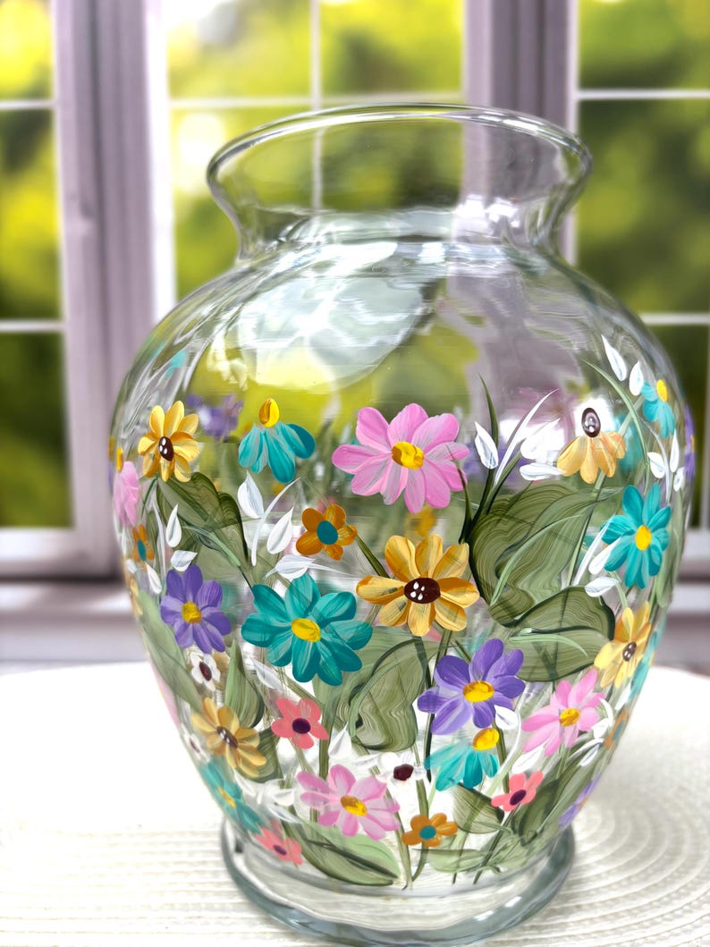Hand Painted Wildflower Beveled Glass Vase: Pastel Spring Daisy Floral Design-Garden Art- Cottage Decor