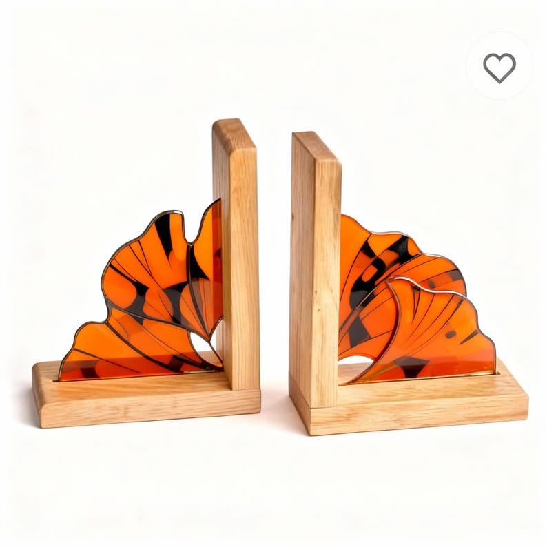 Handmade Stained Glass Ginkgo leaves Book Ends, Flower Suncatcher, Book Shelf Decor