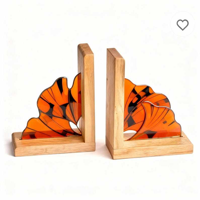 Handmade Stained Glass Ginkgo leaves Book Ends, Flower Suncatcher, Book Shelf Decor