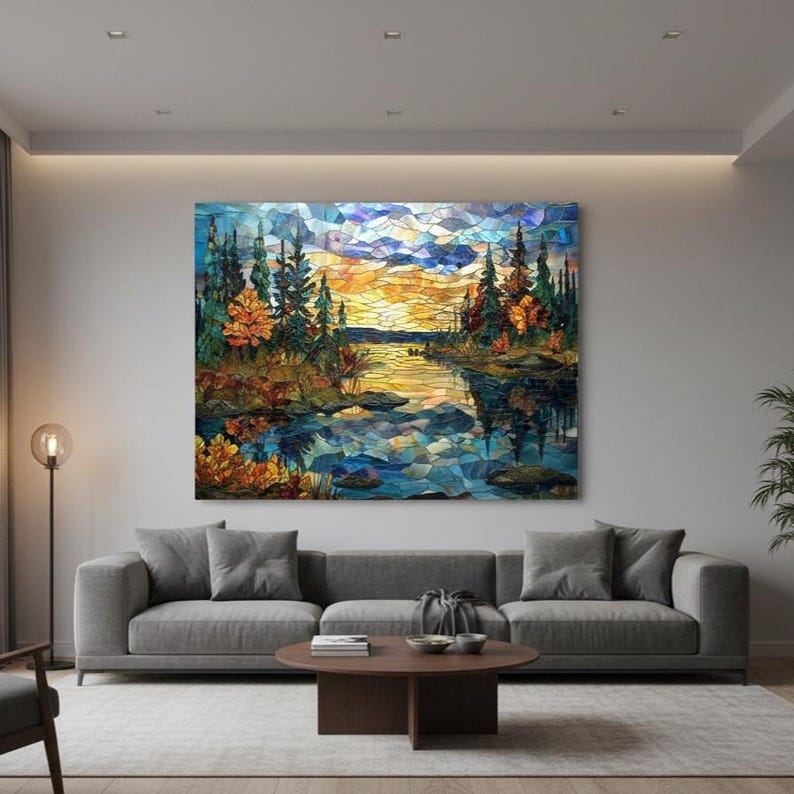 Pine Forest Glass Wall Art – Stained Style Sunset Lake