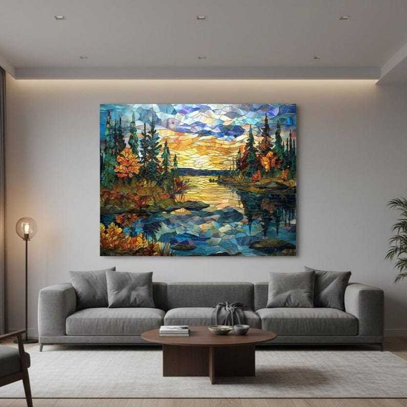 Pine Forest Glass Wall Art – Stained Style Sunset Lake