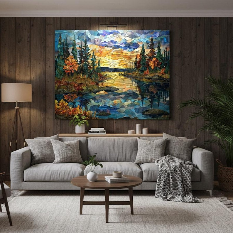 Pine Forest Glass Wall Art – Stained Style Sunset Lake