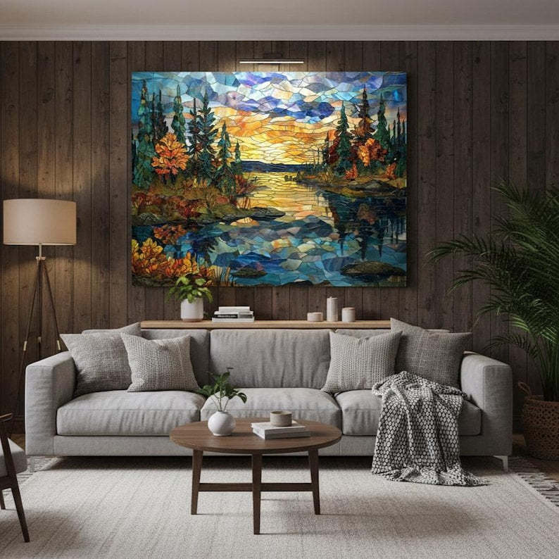 Pine Forest Glass Wall Art – Stained Style Sunset Lake