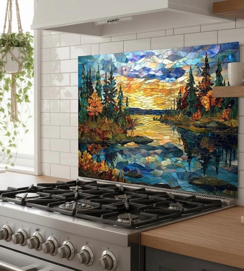 Pine Forest Glass Wall Art – Stained Style Sunset Lake