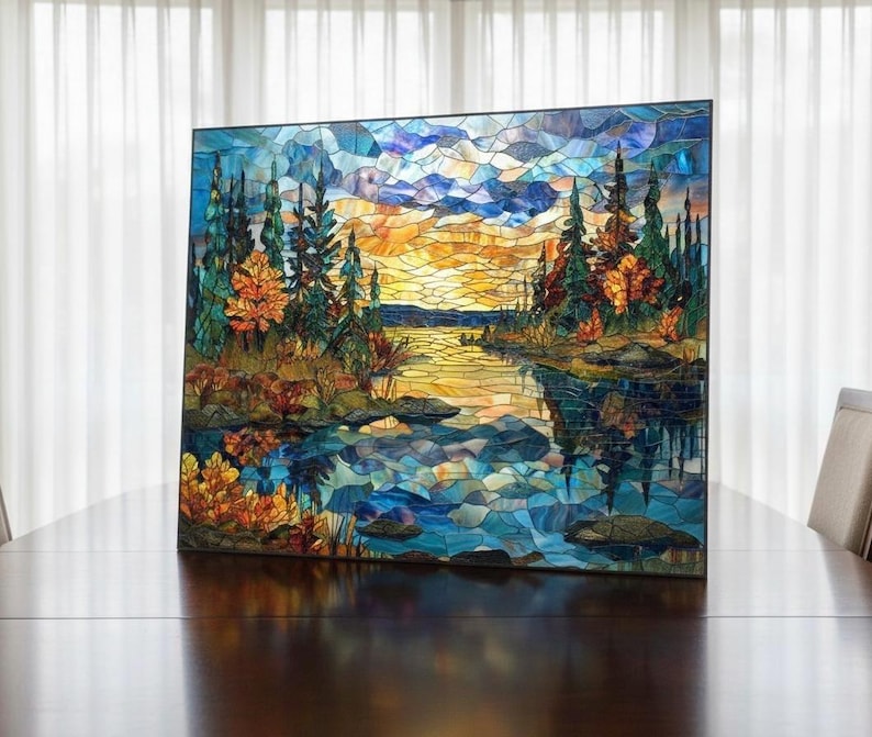Pine Forest Glass Wall Art – Stained Style Sunset Lake